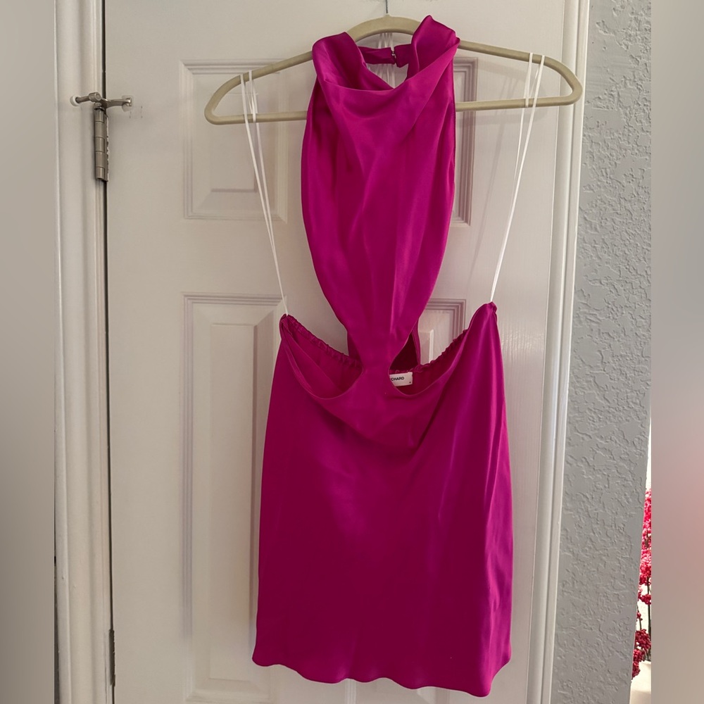 Amanda Uprichard Kaye Silk Halter Mini Dress – Hot Pink – Size M